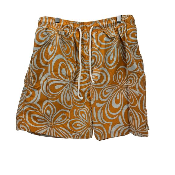 J McLaughlin Swim Trunks Mens Large Orange Gray Floral Mesh Lined + Pockets - Picture 2 of 9